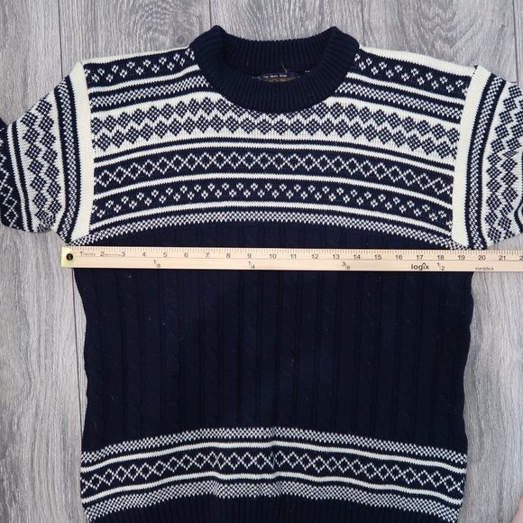 JCPenney Sweater Vintage Mens Knit Top Fair Isle Retro Crewneck Blue White M - Picture 8 of 14